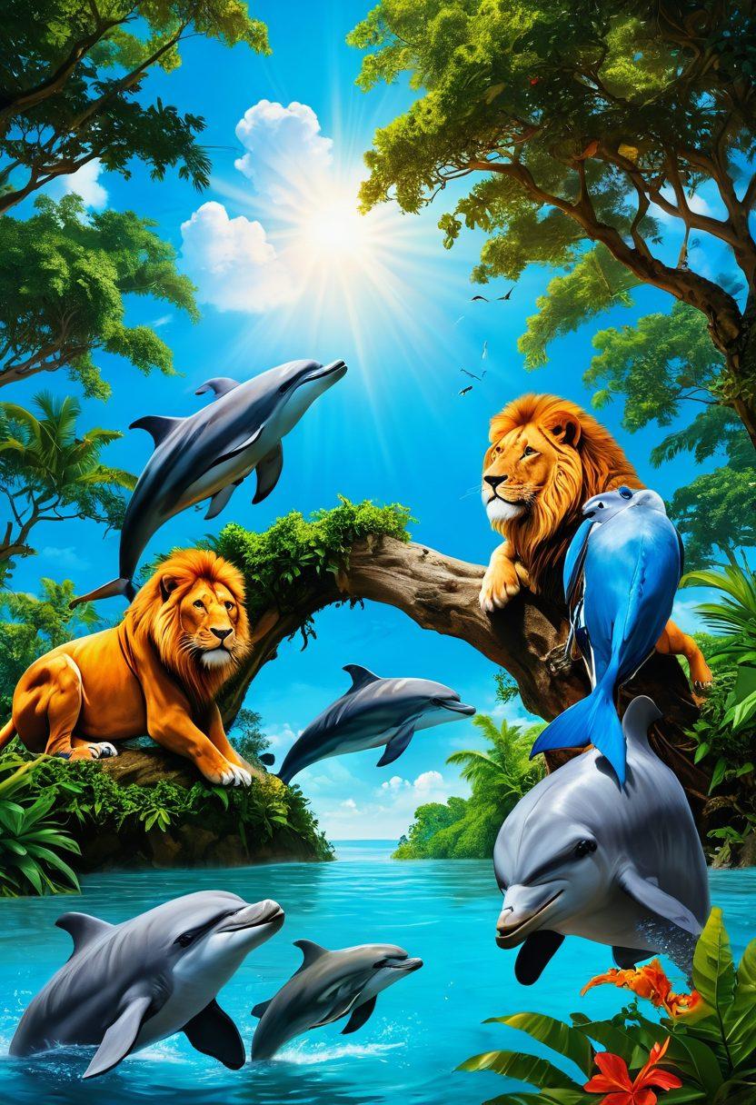 A vibrant jungle scene featuring various animals engaging in playful and affectionate behaviors, such as a pair of lovebirds entwined on a branch, a lion family cuddling in the sunlight, and playful dolphins leaping in a serene ocean, all under a bright blue sky filled with fluffy clouds. The atmosphere should evoke curiosity and warmth, reflecting the theme of animal sexuality and behavior. super-realistic. vibrant colors. natural setting.