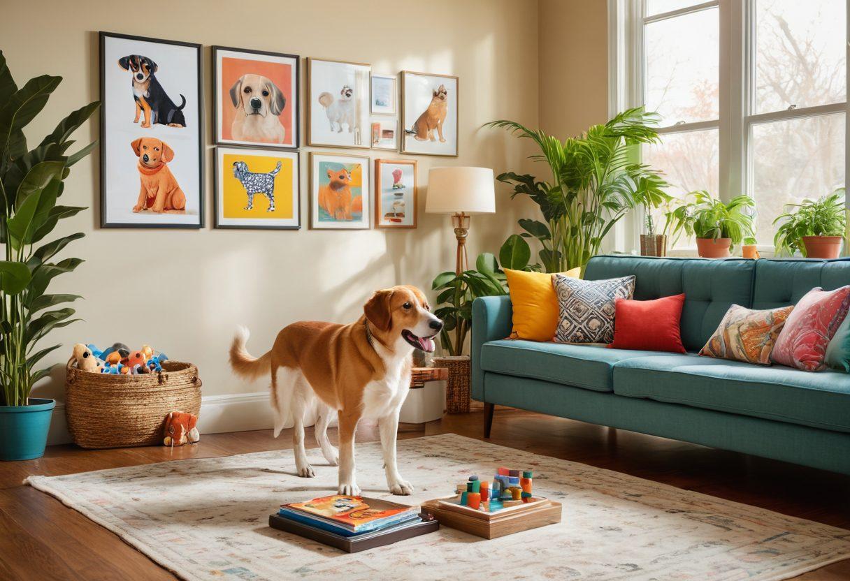 A warm and inviting living room scene showcasing a joyful interaction between a dog and its owner, with colorful pet toys scattered around. On the wall, framed images of various animals alongside educational charts about pet behavior and health. A coffee table holds an open book on animal care, surrounded by indoor plants for a fresh feel. Soft sunlight streaming through a window enhances the cozy atmosphere. super-realistic. vibrant colors.
